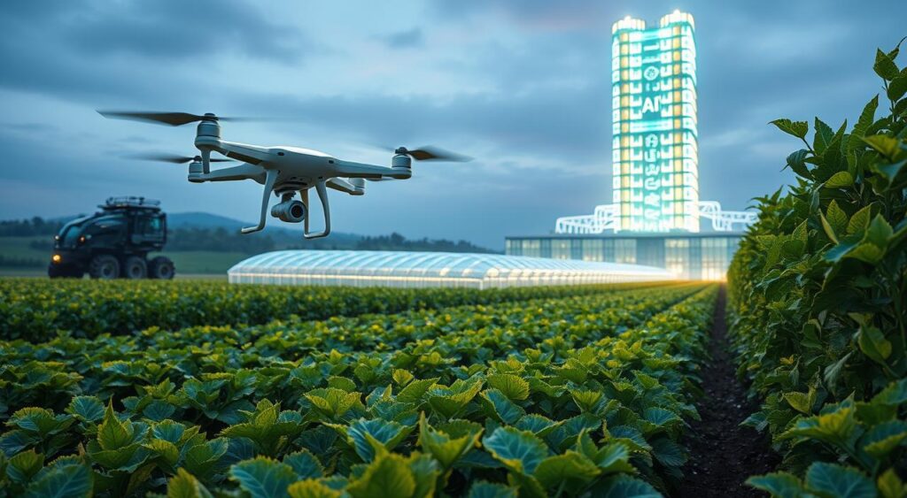 Esta imagem ilustra o uso de drones equipados com Inteligência artificial com câmeras multiespectrais sobrevoando uma plantação. Ela demonstra visualmente como os drones capturam dados para gerar mapas NDVI, permitindo que os agricultores identifiquem áreas com estresse hídrico ou deficiências nutricionais. Como a Inteligência Artificial Revoluciona o Futuro da Produção Agrícola em 2025