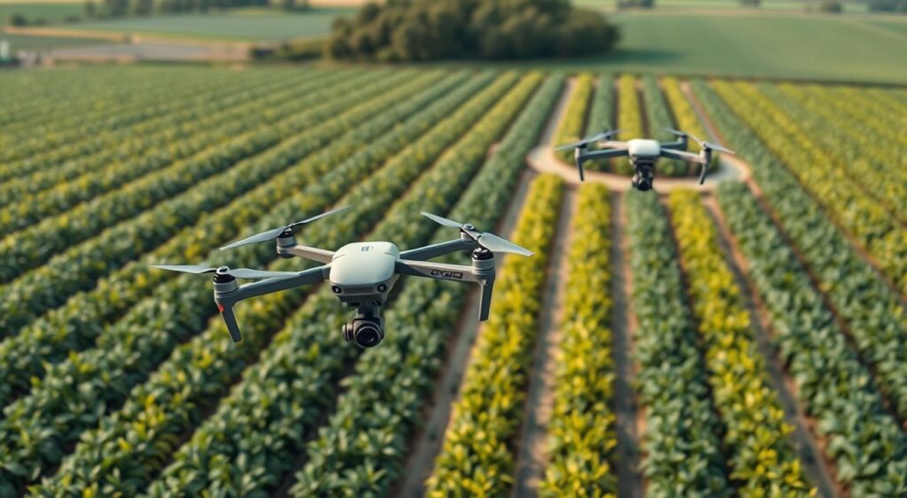 Esta imagem ilustra o uso de drones equipados com Inteligência artificial com câmeras multiespectrais sobrevoando uma plantação. Ela demonstra visualmente como os drones capturam dados para gerar mapas NDVI, permitindo que os agricultores identifiquem áreas com estresse hídrico ou deficiências nutricionais. Como a Inteligência Artificial Revoluciona o Futuro da Produção Agrícola em 2025
