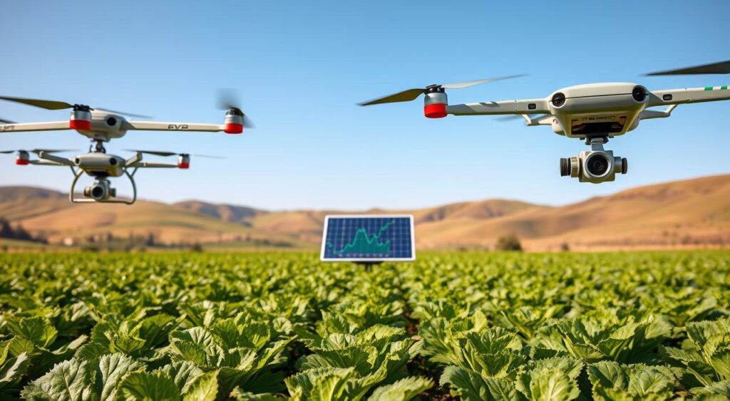 Esta imagem ilustra o uso de drones equipados com Inteligência artificial com câmeras multiespectrais sobrevoando uma plantação. Ela demonstra visualmente como os drones capturam dados para gerar mapas NDVI, permitindo que os agricultores identifiquem áreas com estresse hídrico ou deficiências nutricionais. Como a Inteligência Artificial Revoluciona o Futuro da Produção Agrícola em 2025