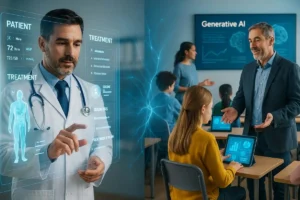 Médico e professor usando tecnologia de IA generativa para cuidados de saúde e educação personalizada em 2025