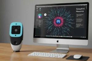 Computador moderno exibindo os modelos Llama 4 da Meta: Scout e Maverick em uma interface interativa
