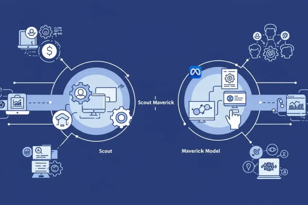 Ilustração explicativa dos modelos Llama 4 da Meta, mostrando os ícones do Scout e do Maverick lado a lado