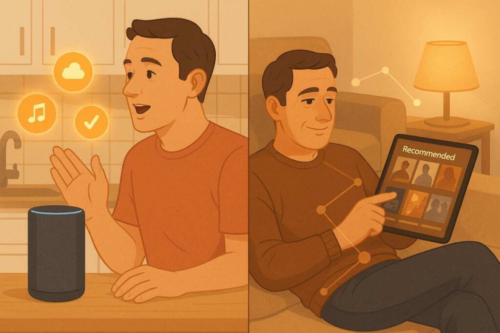 Pessoa interagindo com assistentes virtuais e recebendo recomendações personalizadas por inteligência artificial.