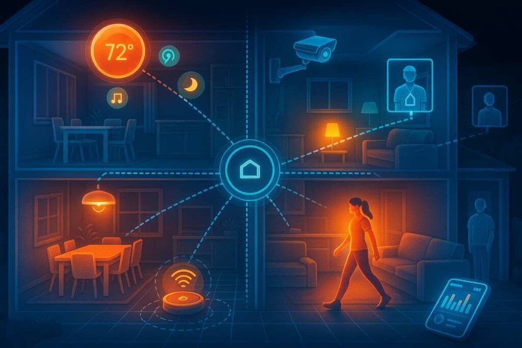 Casa inteligente automatizada com dispositivos conectados controlados por inteligência artificial.