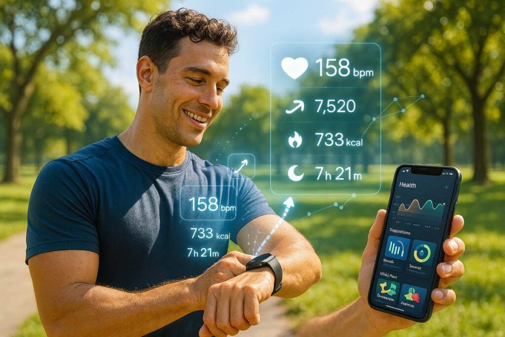 Tecnologias de inteligência artificial monitorando e melhorando aspectos de saúde e bem-estar no dia a dia.