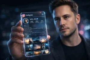 Pessoa segura interface holográfica do Instagram em conceito futurista