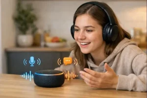 Ilustração realista de conversa por voz mostrando full-duplex na IA de voz com fala e escuta simultâneas.