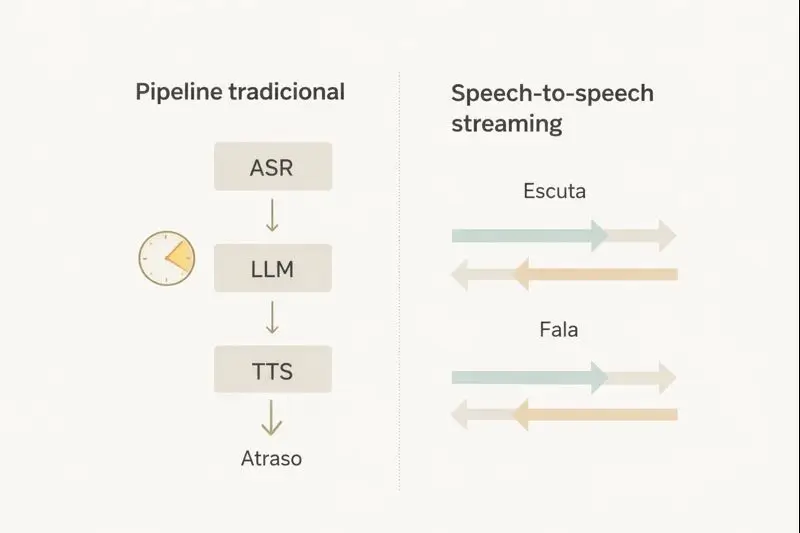 Comparação visual entre pipeline tradicional e full-duplex na IA de voz, destacando a “pausa robótica